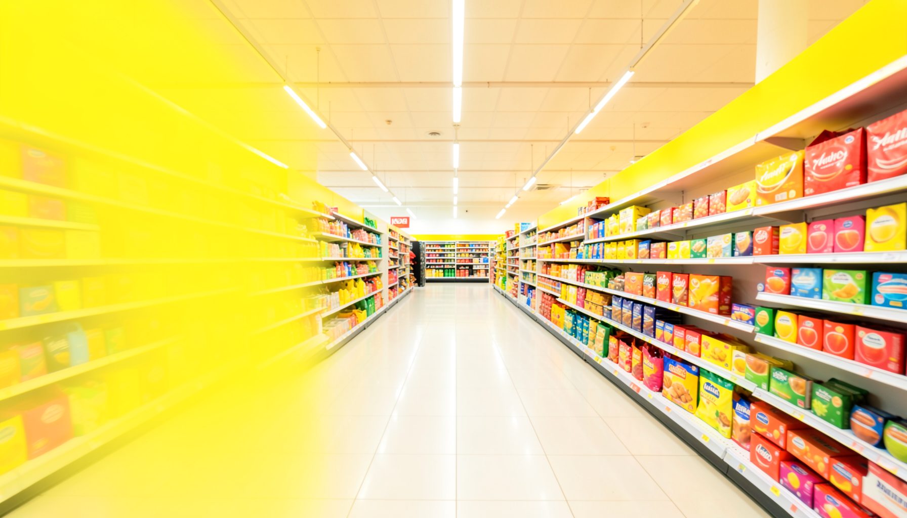 A wide-angle view of a brightly lit supermarket interior with long aisles, colorful product shelves, and warm overhead lighting, conveying a clean and modern shopping atmosphere.